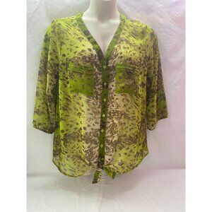 NWT Metro 22 Women's 1X Lime  Animal Print Button up Short Sleeve Sheer Blouse